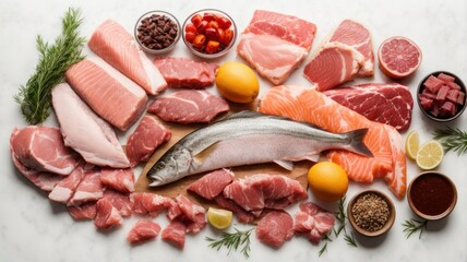 Top view of different raw meats and fish on white background, carnivore diet concept.   generative, AI.