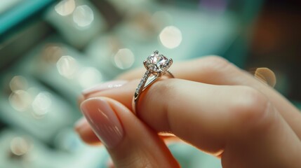 Engagement ring in woman's hand at jewelry store - obrazy, fototapety, plakaty