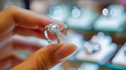 Engagement ring in woman's hand at jewelry store