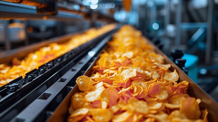 Naklejka na ściany i meble Production line of potato chips at the plant that fills snack and potato chip machines, space, Generative AI.