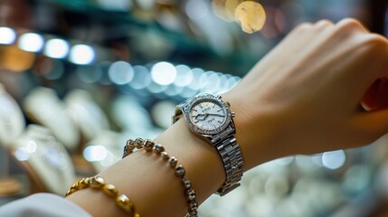 Watch on woman's hand at lens jewelry store