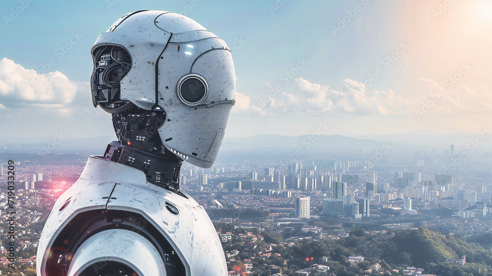 Poster futuristic robot concept with mechanical design, cyborg figure in a technological and sci-fi setting