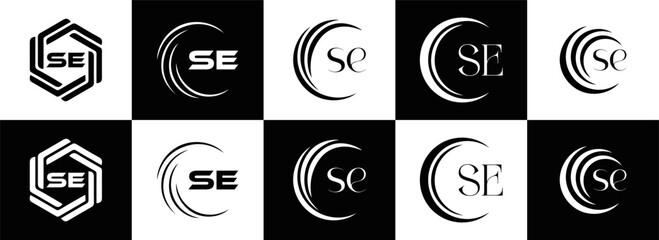 SE logo. S E design. White SE letter. SE, S E letter logo SET design. Initial letter SE linked circle uppercase monogram logo. S E letter logo SET vector design. SE letter logo design five style.	
