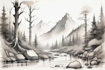 Monochrome forest with sketch of coniferous tree and mountain. - obrazy, fototapety, plakaty