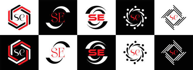 SE logo. S E design. White SE letter. SE, S E letter logo SET design. Initial letter SE linked circle uppercase monogram logo. S E letter logo SET vector design. SE letter logo design five style.	
