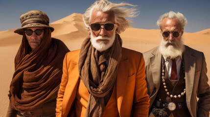 Stylish mature men with a beard and glasses in the desert sands. The concept of modern fashion, advertising