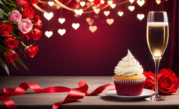 Valentine's Day concept. a glass of champagne, cupcakes and roses Generative AI