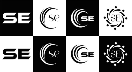 SE logo. S E design. White SE letter. SE, S E letter logo SET design. Initial letter SE linked circle uppercase monogram logo. S E letter logo SET vector design. SE letter logo design five style.	
