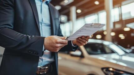 Sales consultant shaking hands with customer in car showroom