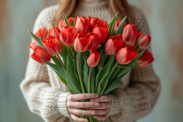Woman with bouquet of red tulips in her hands. Spring Flower Concept, International Women's Day, March 8th