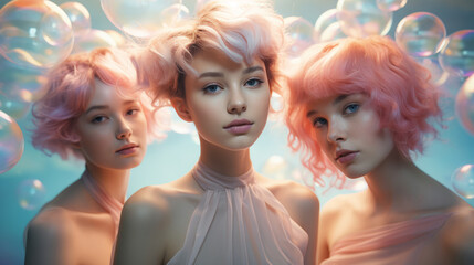 Portrait of a group of young girls with dyed pink and blue hair in a haze of pastel tones.