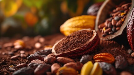 Fototapeta premium Cocoa beans and cocoa fruit on cocoa concept with raw material, aromatic cocoa beans.