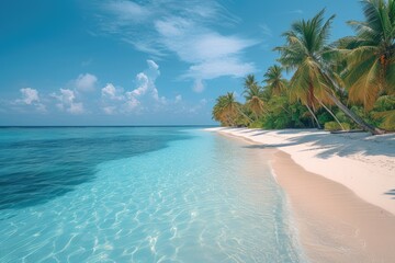 Sunny sandy beach in the Maldives. Tropical vacation concept. Design for cover, interior design, poster, travel brochure, blog, advertisement