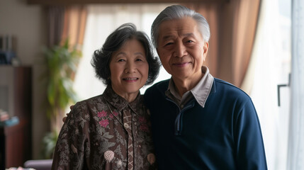 Portrait happy Asian senior couple at home