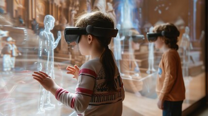 Augmented Reality Education, children interact with historical landmarks, faces filled with wonder as holographic figures and scenes come to life.