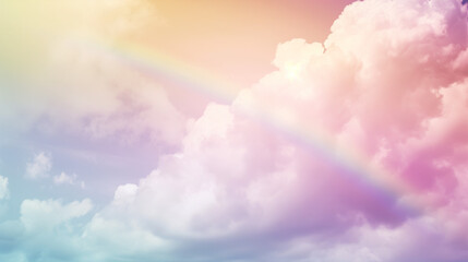 "Whimsical Sky Canvas: Pastel Rainbow Arching Gracefully Across a Softly Lit Cloudscape"