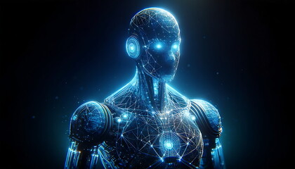 Digital illustration concept art of wire-frame glowing robot machine learning, AI concept robotic