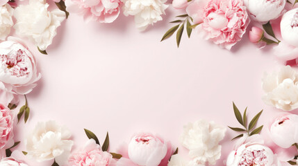 Aesthetic background frame with tender white and pink peonies. Copy space. Invitation or greeting concept. Generative AI