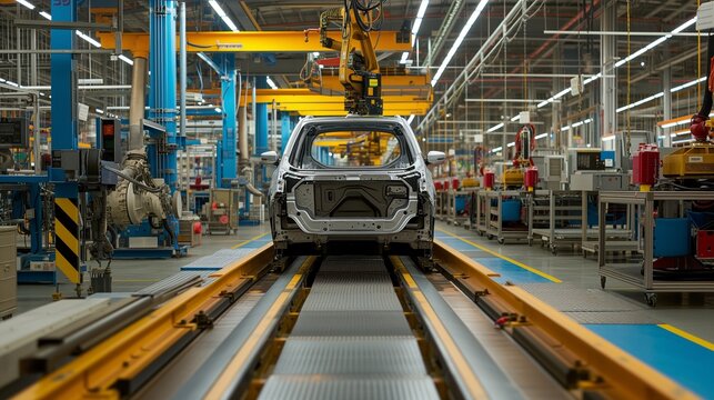 Automotive Creation Car assembly process at the plant, showcasing the integration of robotics and human workers in automotive production