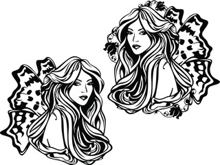 floral fairy woman with long gorgeous hair, rose flowers and butterfly wings black and white vector outline portrait