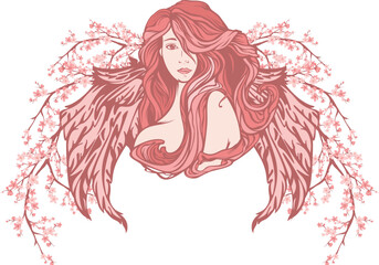 beautiful angel woman with long gorgeous hair and wings among blooming sakura tree branches - art nouveau style celestial girl pink and white vector portrait