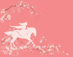 blooming spring season tree branches and magic fairy tale princess riding white horse vector copy space background