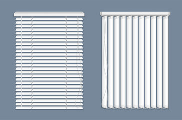 Horizontal, vertical closed and open blinds for office rooms. Set of horizontal and vertical blinds for window, element interior. Realistic closed window shutters, front view. - obrazy, fototapety, plakaty