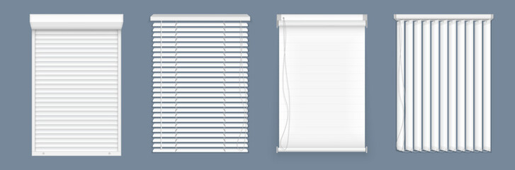 Horizontal, vertical closed and open blinds for office rooms. Set of horizontal and vertical blinds for window, element interior. Realistic closed window shutters, front view. - obrazy, fototapety, plakaty