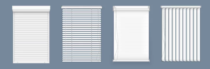 Poster Horizontal, vertical closed and open blinds for office rooms. Set of horizontal and vertical blinds for window, element interior. Realistic closed window shutters, front view. © Little Monster 2070