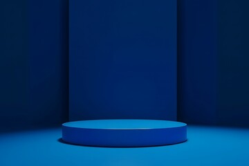 Dark blue stage podium 3d background product platform of empty scene presentation, pedestal minimal showcase stand or abstract light show blank display and neon spotlight showroom on luxury backdrop