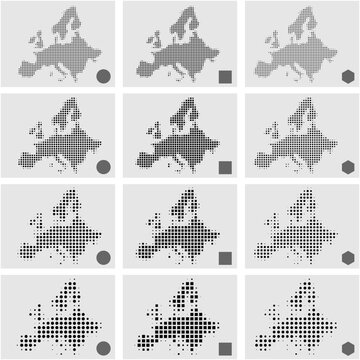 half tone dotted map of Europe three shapes circle square hexagon in four sizes 

