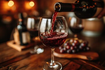 Red wine being poured into a glass from a bottle. Romantic date concept. - obrazy, fototapety, plakaty