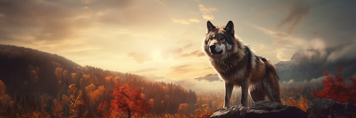 Wolf portrait banner with scenic North American wilderness view
