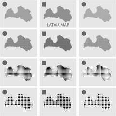 half tone dotted map of Europe three shapes circle square hexagon in four sizes 

