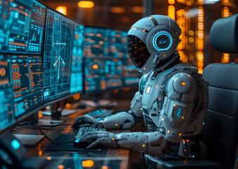 Fototapeta premium Human working with AI robot concept. Relations between people and robot machine.