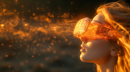 woman with flowing hair wears glowing VR glasses, with sparkles radiating from the device, giving a sense of magic and technology merging