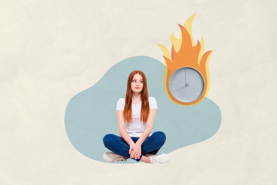 Photo collage young sitting girl sad looking burning clock alarm flame fire time out deadline late miss punctuality problem trouble