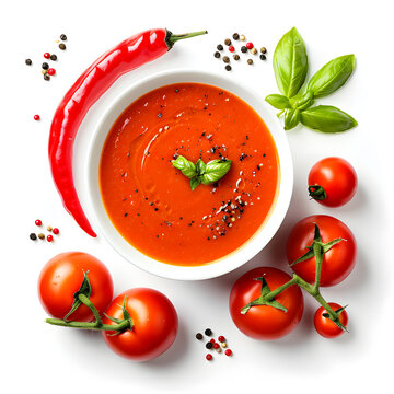 Bowl of tomato soup top view surrounded by tomatoes, peppers, isolated on white 