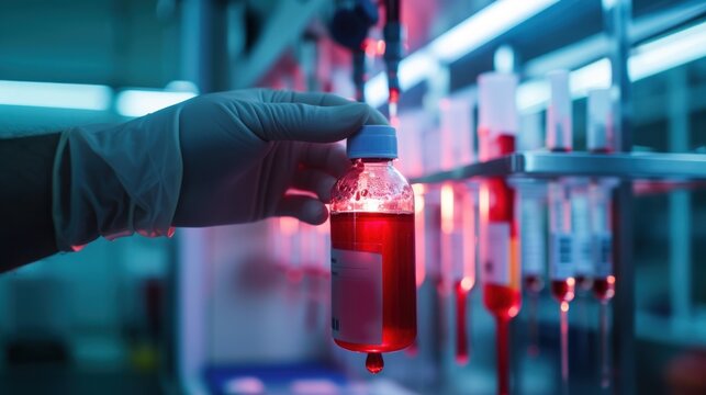 Doctor's hand holding a blood bag in a blood bag analysis laboratory in a hospital blood bank.