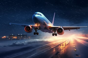 Fototapeta na wymiar Airplane taxiing to runway for take off during heavy snowfall. Winter night at airport.