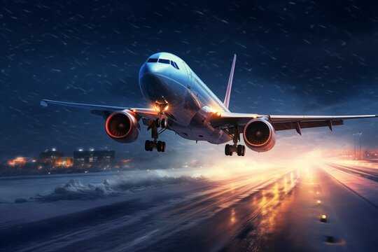 Airplane taxiing to runway for take off during heavy snowfall. Winter night at airport.