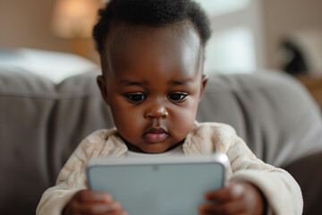 one year old black baby candid portrait holding an ipad looking at the screen