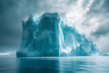 Photo sur Plexiglas Gris foncé Polar Power: A massive iceberg dominates the cold sea, surrounded by waves and a stormy sky, creating a striking landscape of nature's forces