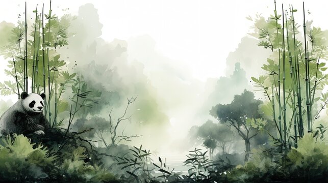 Set of Wallpaper Background Template of Panda and Bamboo Forest in the style of Chinese Ink Art Watercolor White Green with Copy Space Concept of  Environmental Conservation Panda Sanctuaries Eco 16:9