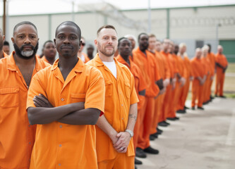 A row of men, dressed in bright orange jumpsuits, stood together in the great outdoors, resembling a solemn group of monks in their striking attire, their human faces unified in determination and sol
