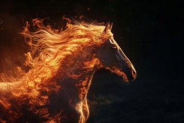 Obraz na płótnie Canvas A majestic horse with fiery mane and tail gallops through the heat of the outdoors, leaving a trail of flames in its wake