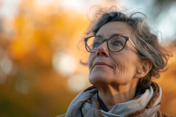 An autumn portrait of a stylish woman with glasses and a scarf, gazing up with a hint of nostalgia and wisdom in her wrinkled face