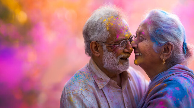 Elderly couple celebrating Holi with laughter and vibrant colors on a clean slate
