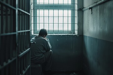 Fototapeta premium A man sits alone in a dimly lit cell block, his tattered clothing a stark contrast to the cold, sterile building as he gazes out the window at the bustling street below