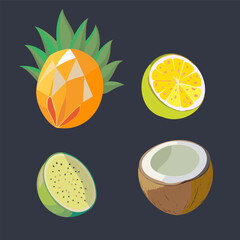 Coconut, lime and other tropical fruits, vector illustration.